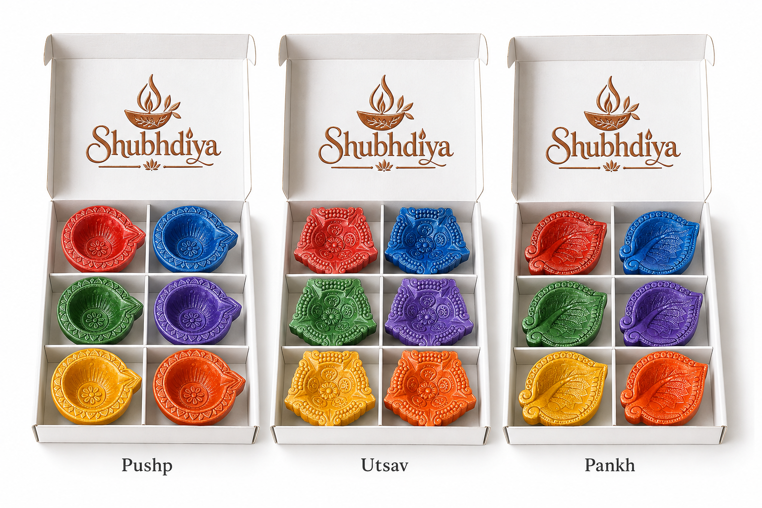 White Shubhdiya boxes with colourful decorative diyas